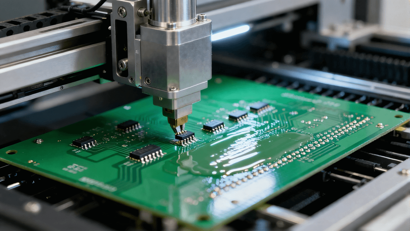 自動(dòng)化貼片機(jī)機(jī)械臂抓取元器件，對(duì)準(zhǔn)綠色 PCB 焊盤的 SMT 貼裝工序，焊盤涂有高亮焊膏.png