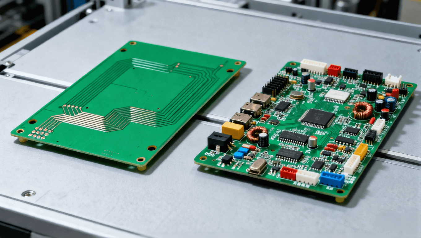 左側(cè)綠色 PCB 空板、右側(cè)集成元器件的 PCBA 組件，并列擺放的電子制造對(duì)比展示