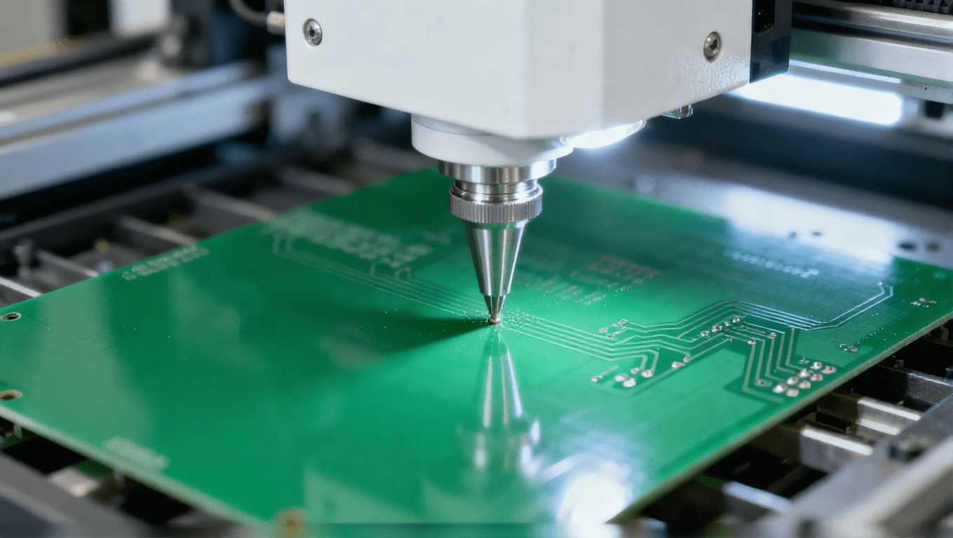 數(shù)控鉆孔設(shè)備對(duì)綠色 PCB 基板進(jìn)行鉆孔，冷白光聚焦鉆孔點(diǎn)的工業(yè)加工場(chǎng)景