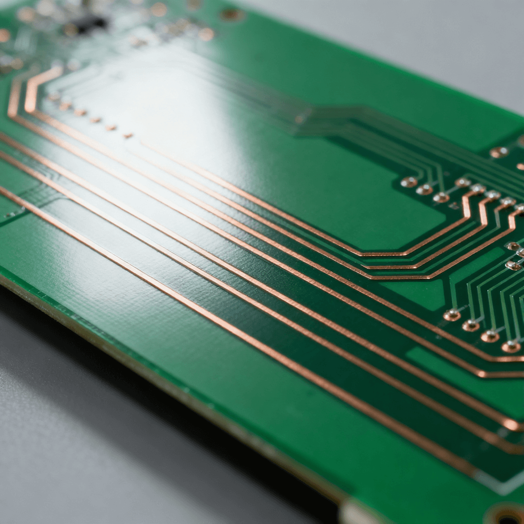 綠色 PCB 印刷電路板特寫，表面分布精密銅箔導(dǎo)電線路的硬質(zhì)電子載體