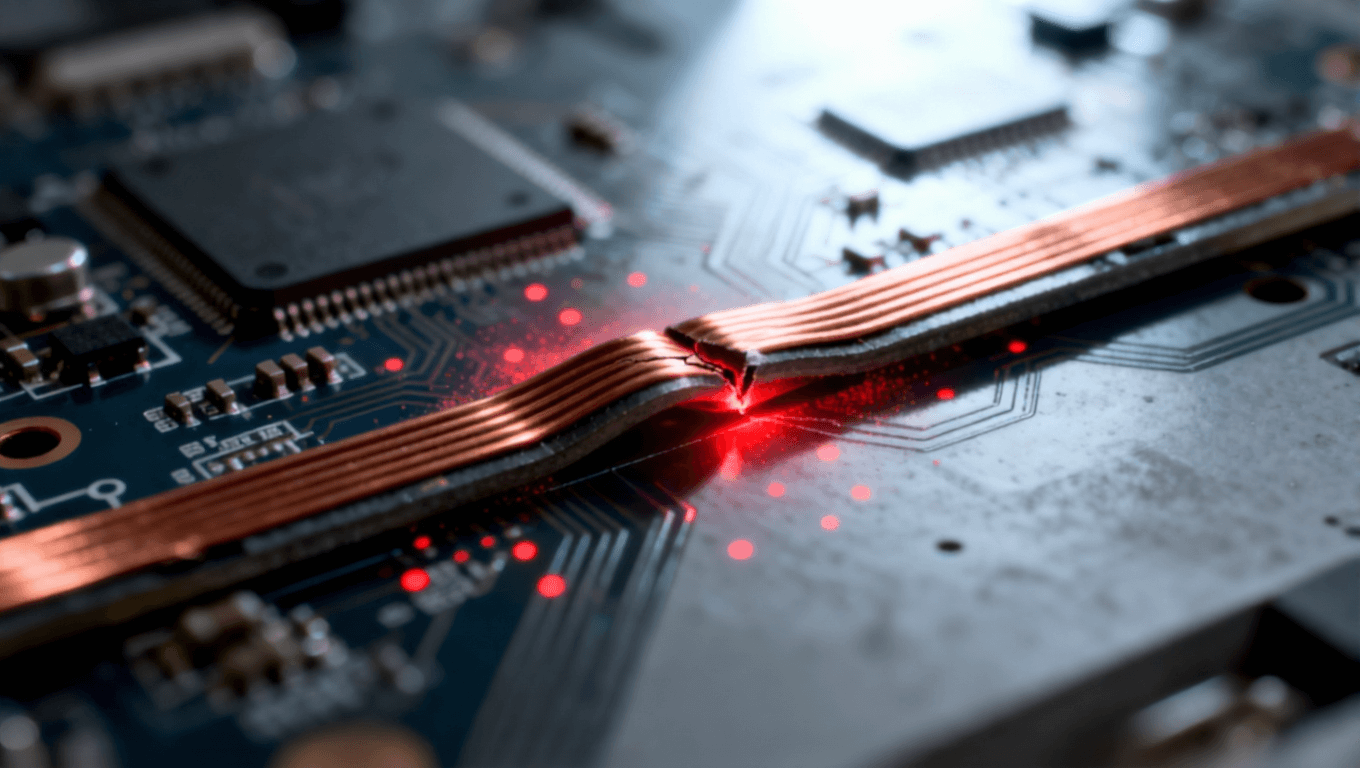 可折疊電路板鉸鏈區(qū)應(yīng)力集中與疲勞損傷示意圖，揭示傳統(tǒng)材料在反復(fù)折疊中的挑戰(zhàn)