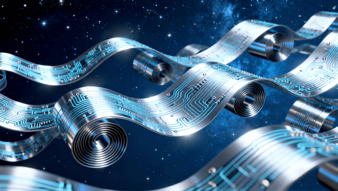 多形態(tài)可折疊電路板三維展示，體現(xiàn)超彈性材料支持的卷曲、螺旋等未來設(shè)備形態(tài)