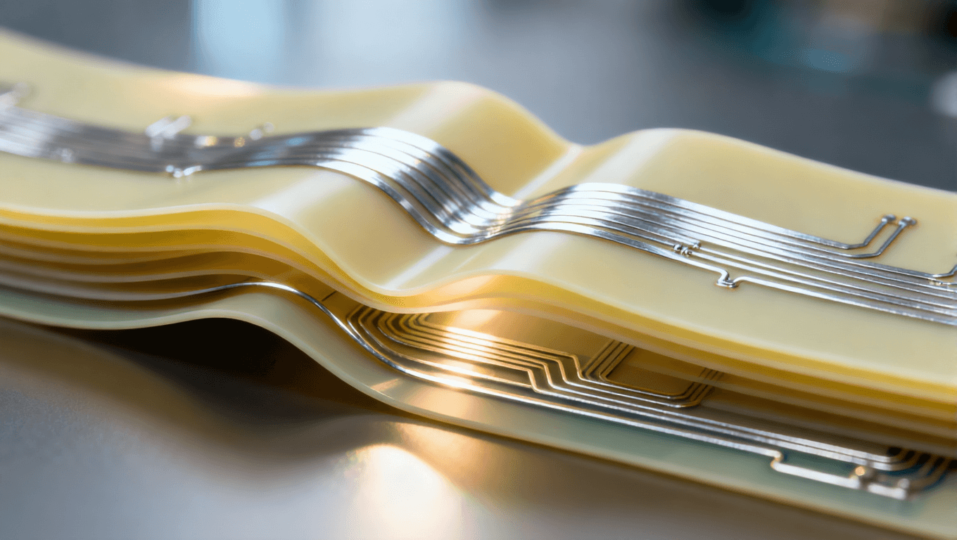 可折疊電路板內(nèi)部結(jié)構(gòu)剖面圖，顯示超彈性基板與柔性導(dǎo)體的集成設(shè)計