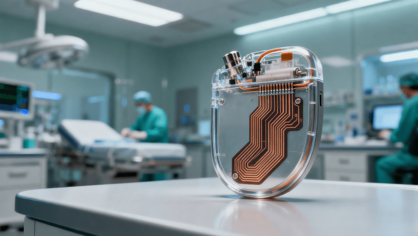 潔凈醫(yī)療環(huán)境中的植入式心臟起搏器，聚焦內(nèi)部 PI 薄膜電路板的精密結(jié)構(gòu)