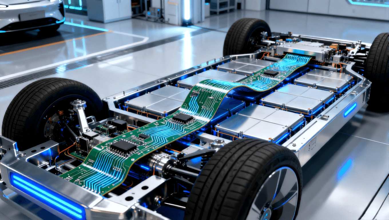 電動汽車電池包內(nèi)部，靈活電路板穿過電池單元間隙，展現(xiàn)空間效率