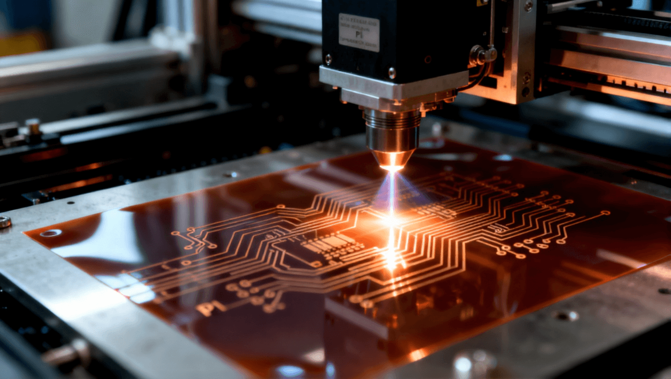 工業(yè)環(huán)境下的激光直接成型工藝，激光束在 PI 薄膜上精確形成電路