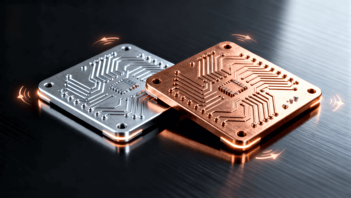 鋁基與銅基電路板放置在光滑黑色表面上，反射光澤，細致的金屬紋理，熱流符號微光環(huán)繞