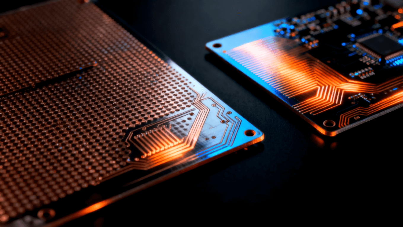 羅杰斯RO4003C與RO4350B電路板特寫，金屬光澤，精細銅線與熱散發(fā)圖案，橙藍微光效果