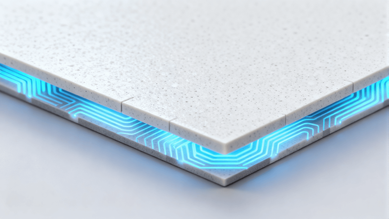 高端陶瓷電路板材料，細膩質(zhì)感，輕微發(fā)光，白色與灰色調(diào)，精準切割邊緣，藍色散熱圖案