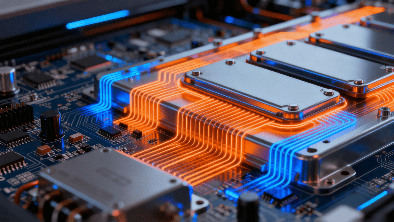 電動汽車電池管理模塊，先進電路板技術，電池單元與逆變器電路特寫，熱散發(fā)效果